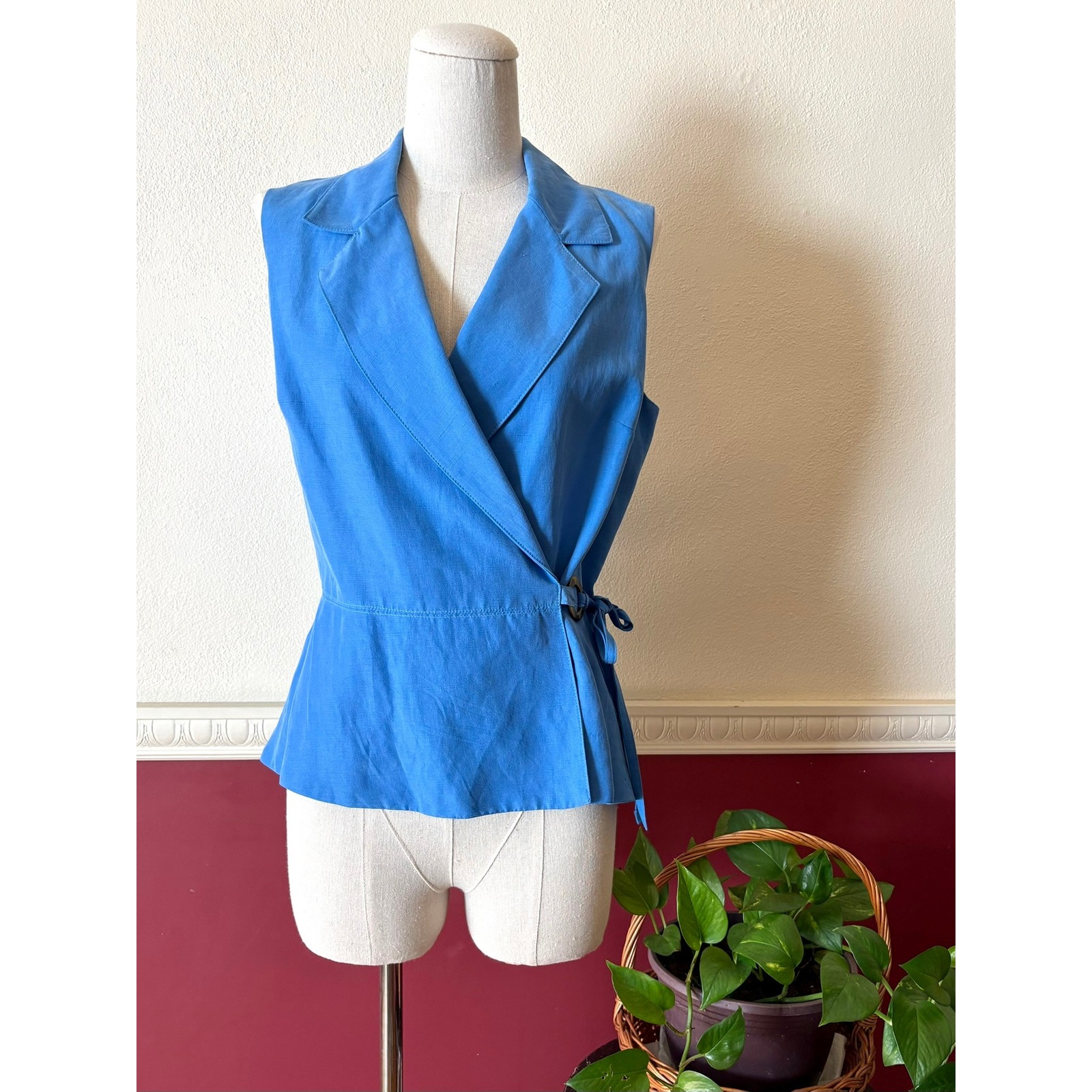 Vintage Donna Morgan Petites Silk Linen Wrap Top Blue Sleeveless 10 Quiet Luxury